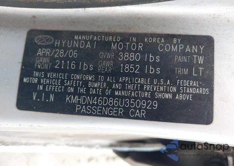 2006 Hyundai Elantra Gls/Limited z USA, uszkodzony, nr VIN KMHDN46D86U350929